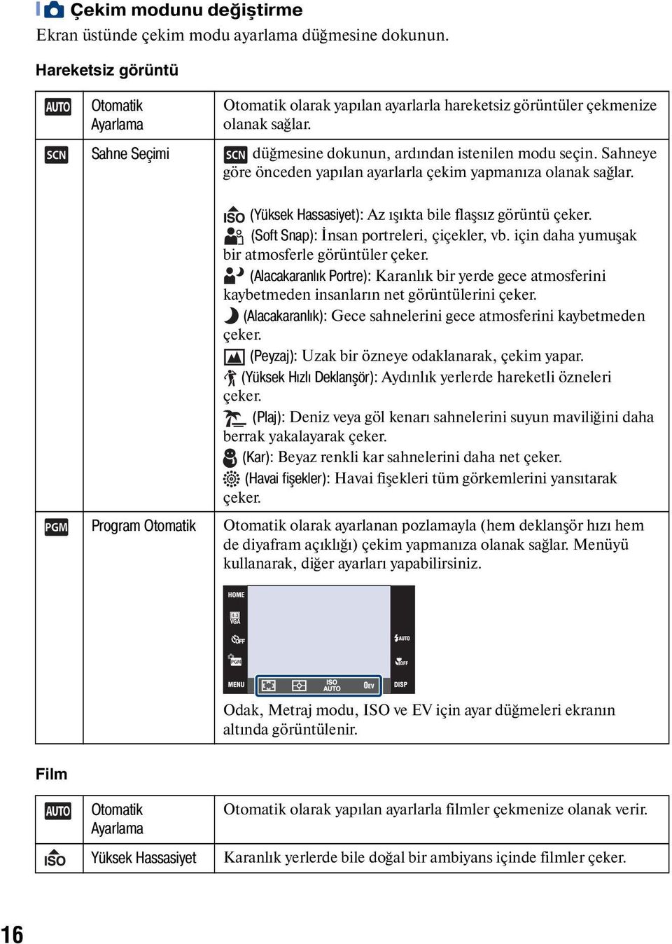 Program Otomatik (Yüksek Hassasiyet): Az ışıkta bile flaşsız görüntü çeker. (Soft Snap): İnsan portreleri, çiçekler, vb. için daha yumuşak bir atmosferle görüntüler çeker.