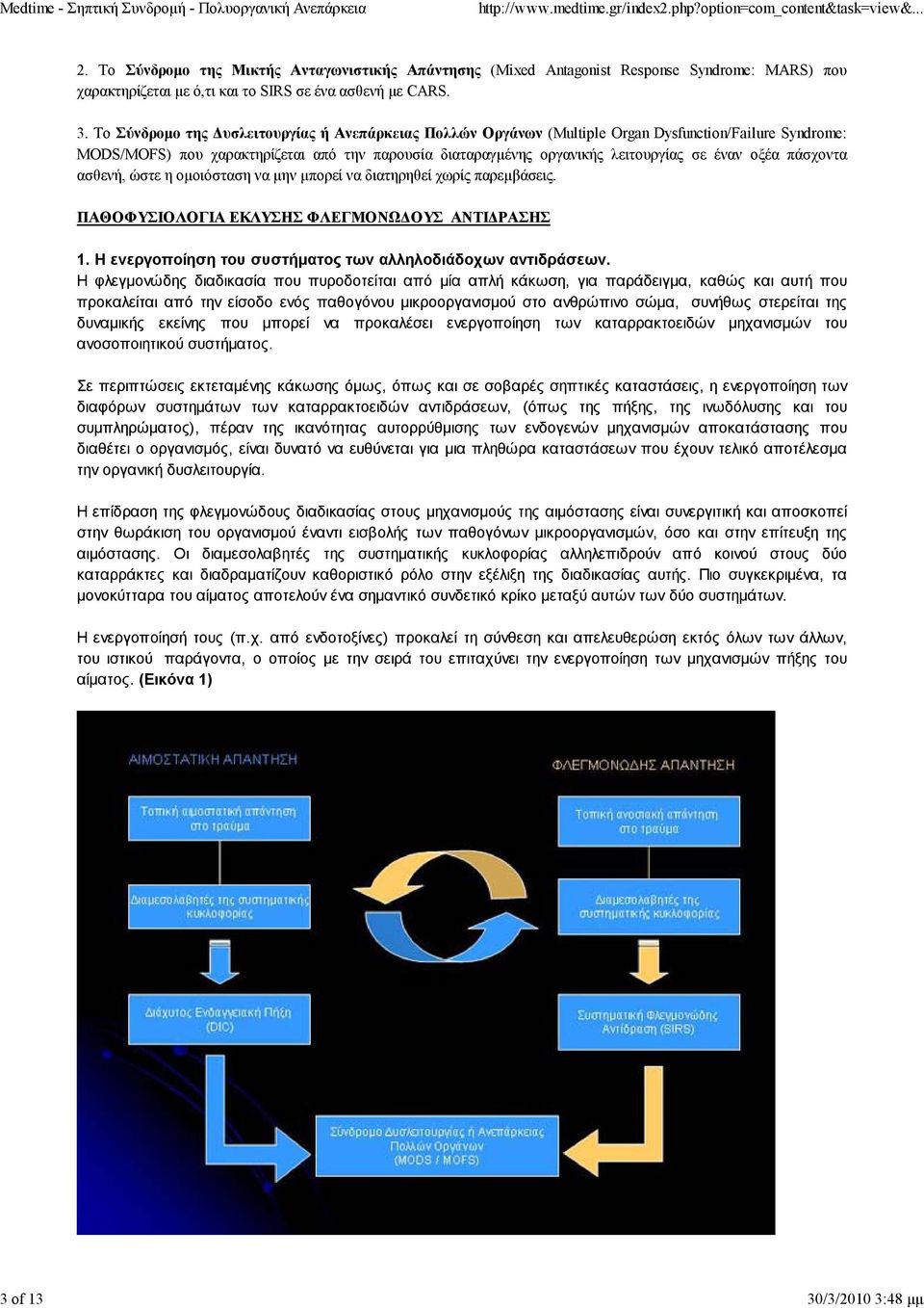 48 μμ 2. Το Σύνδρομο της Μικτής Ανταγωνιστικής Απάντησης (Mixed Antagonist Response Syndrome: MARS) που χαρακτηρίζεται με ό,τι και το SIRS σε ένα ασθενή με CARS. 3.