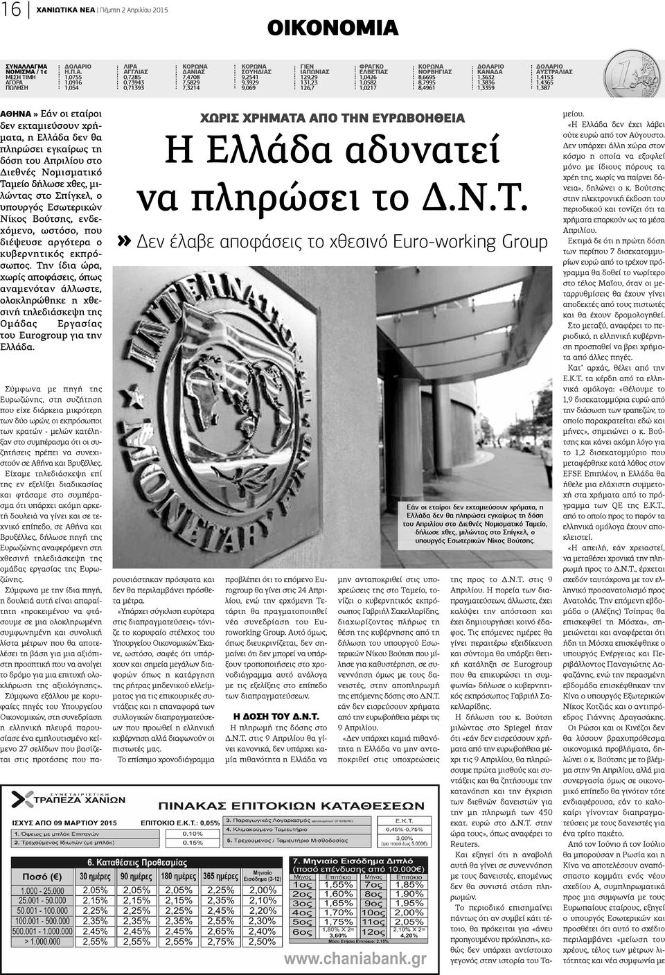 ΝΕΑ Πέμπτη 2 Απριλίου 2015 οικονομια ΣΥΝΑΛΛΑΓΜΑ ΝοΜιΣΜΑ / 1 ΜΕΣΗ ΤΙΜΗ ΑΓΟΡΑ ΠΩΛΗΣΗ ΔοΛΑΡιο Η.Π.Α. 1,0755 1,0916 1,054 ΛιΡΑ ΑΓΓΛιΑΣ 0,7285 0,73943 0,71393 ΚοΡΩΝΑ ΔΑΝιΑΣ 7,4708 7,5829 7,3214 ΚοΡΩΝΑ