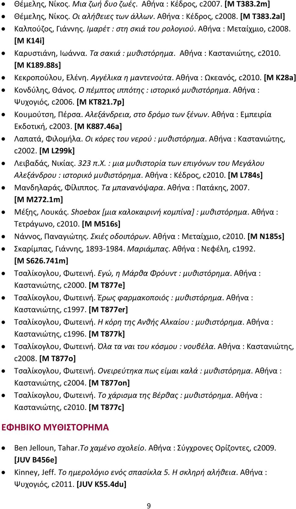 *Μ Κ28a] Μονδφλθσ, Θάνοσ. Ο πζμπτοσ ιππότθσ : ιςτορικό μυκιςτόρθμα. Ακινα : Ψυχογιόσ, c2006. [M KT821.7p] Μουμοφτςθ, Πζρςα. Αλεξάνδρεια, ςτο δρόμο των ξζνων. Ακινα : Εμπειρία Εκδοτικι, c2003. *Μ Κ887.