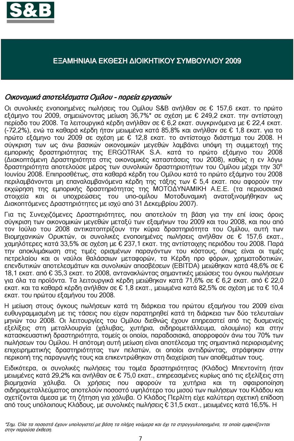 (-72,2%), ενώ τα καθαρά κέρδη ήταν μειωμένα κατά 85,8% και ανήλθαν σε 1,8 εκατ. για το πρώτο εξάμηνο του 2009 σε σχέση με 12,8 εκατ. το αντίστοιχο διάστημα του 2008.