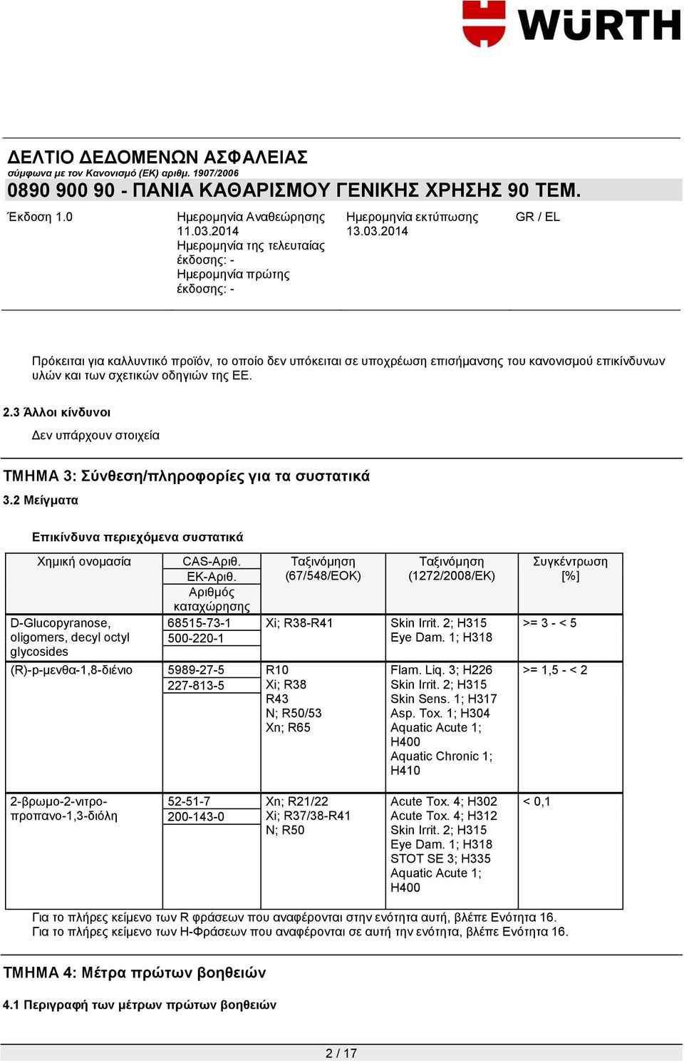 Σαμηλόκεζε (67/548/EOK) Σαμηλόκεζε (1272/2008/ΔΚ) Αξηζκόο θαηαρώξεζεο D-Glucopyranose, 68515-73-1 Xi; R38-R41 Skin Irrit. 2; H315 oligomers, decyl octyl 500-220-1 Eye Dam.