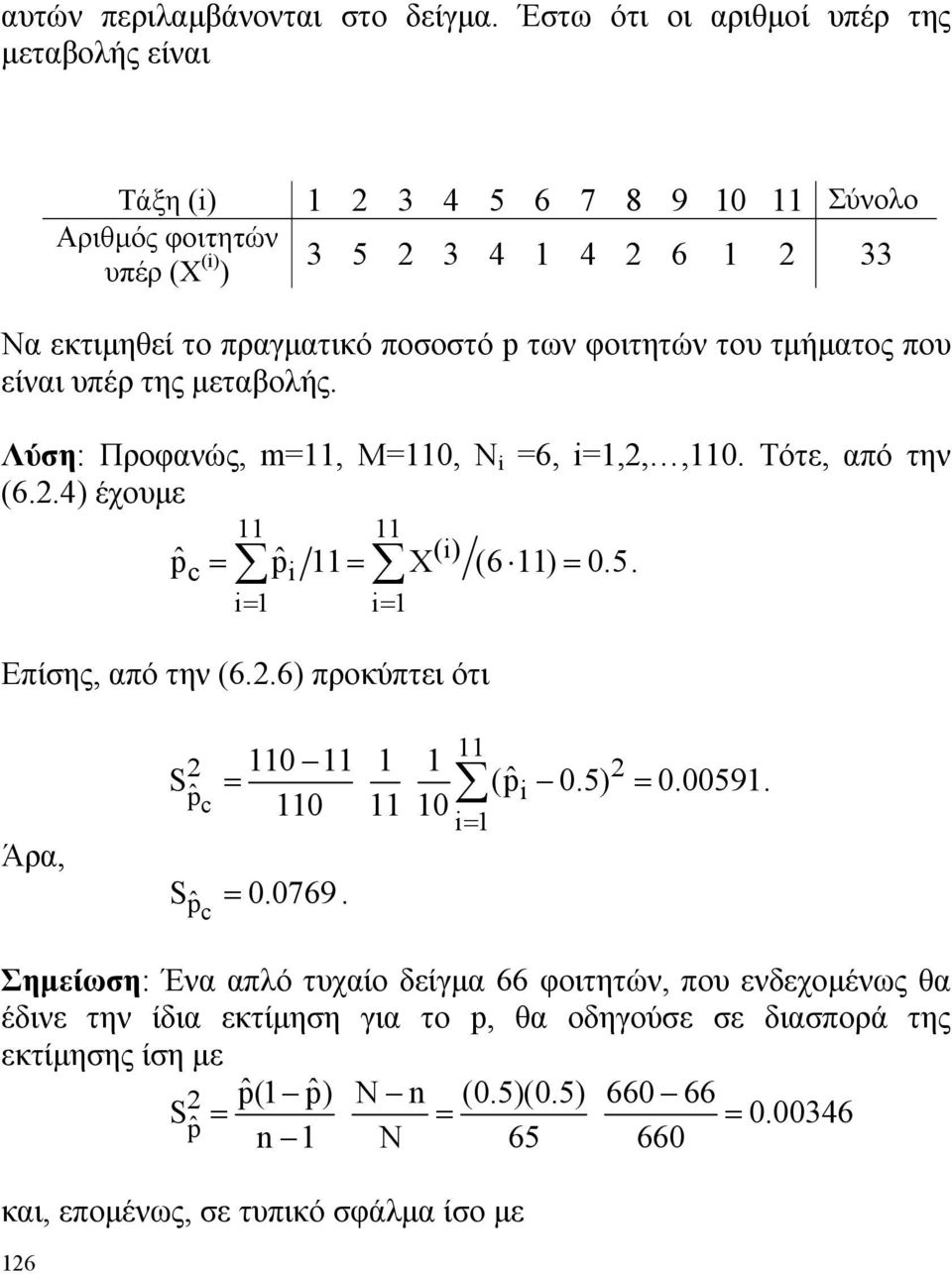 του τμήματος που είναι υπέρ της μεταβολής. Λύση: Προφανώς, m=, Μ=0, Ν i =6,,,,0. Τότε, από την (6..4) έχουμε (i) pˆc = pˆi = X (6 ) = 0.5. Επίσης, από την (6.