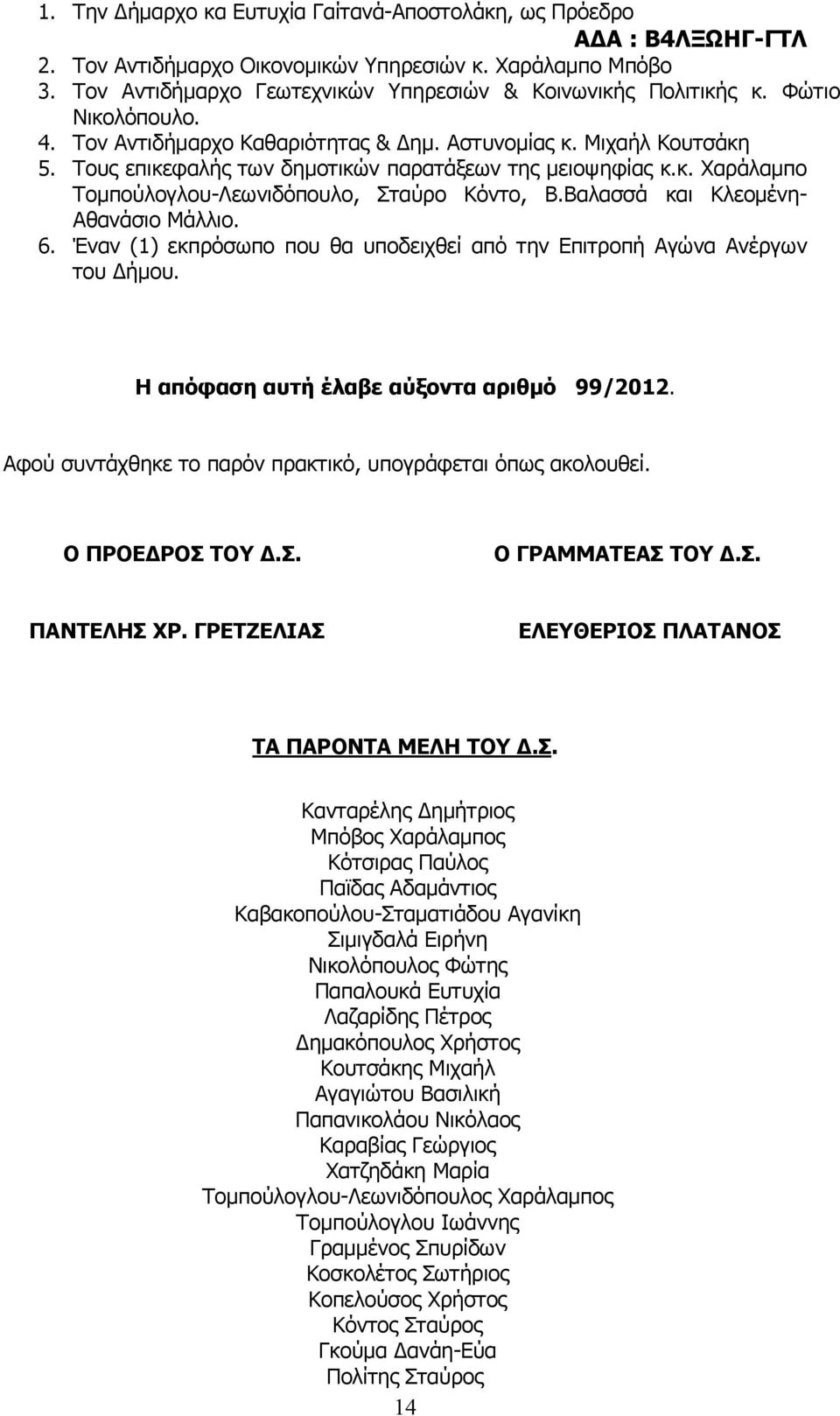 Τους επικεφαλής των δημοτικών παρατάξεων της μειοψηφίας κ.κ. Χαράλαμπο Τομπούλογλου-Λεωνιδόπουλο, Σταύρο Κόντο, Β.Βαλασσά και Κλεομένη- Αθανάσιο Μάλλιο. 6.