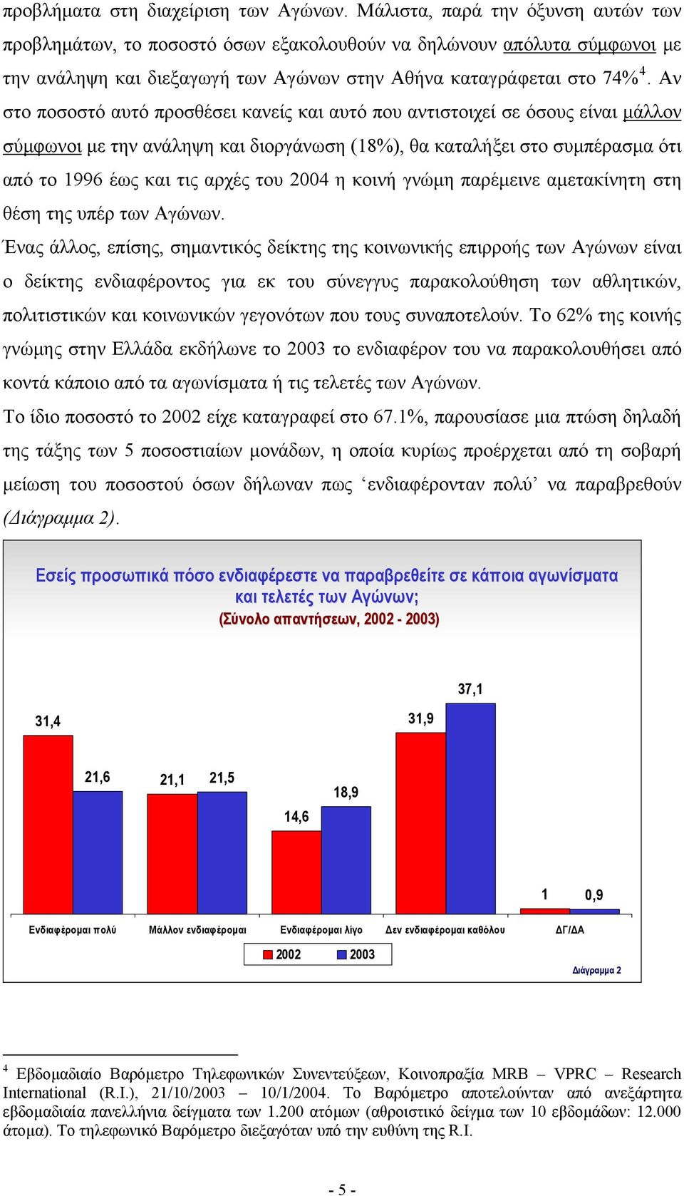 Αν στο ποσοστό αυτό προσθέσει κανείς και αυτό που αντιστοιχεί σε όσους είναι μάλλον σύμφωνοι με την ανάληψη και διοργάνωση (18%), θα καταλήξει στο συμπέρασμα ότι από το 1996 έως και τις αρχές του