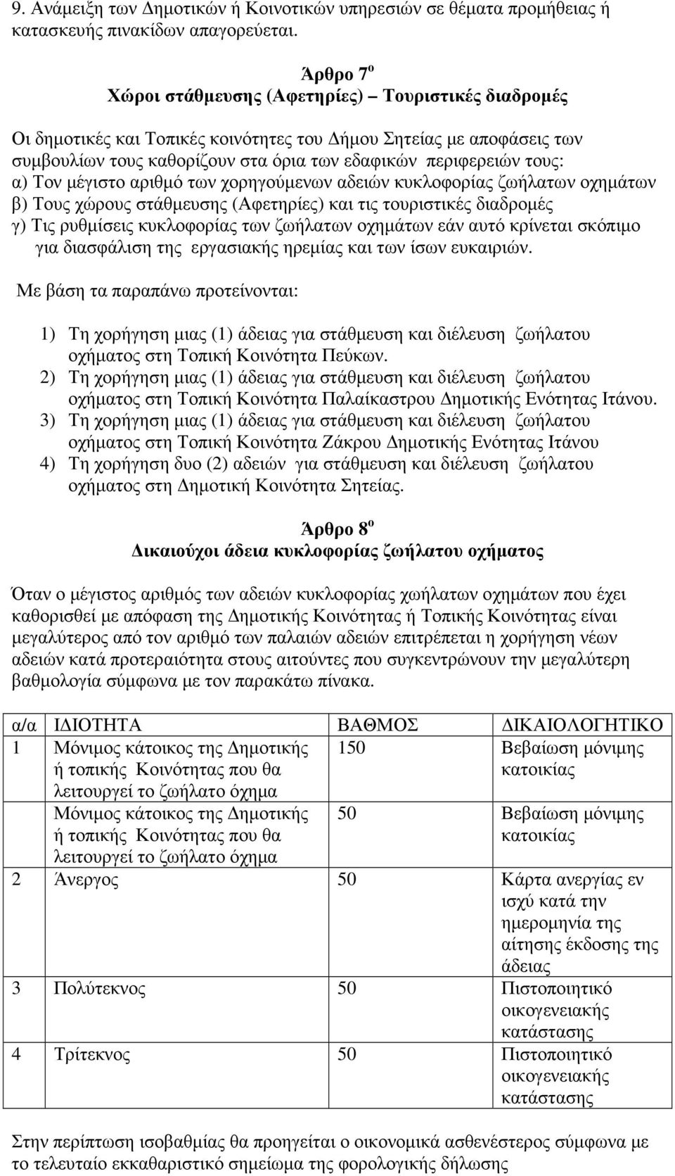 α) Τον µέγιστο αριθµό των χορηγούµενων αδειών κυκλοφορίας ζωήλατων οχηµάτων β) Τους χώρους στάθµευσης (Αφετηρίες) και τις τουριστικές διαδροµές γ) Τις ρυθµίσεις κυκλοφορίας των ζωήλατων οχηµάτων εάν