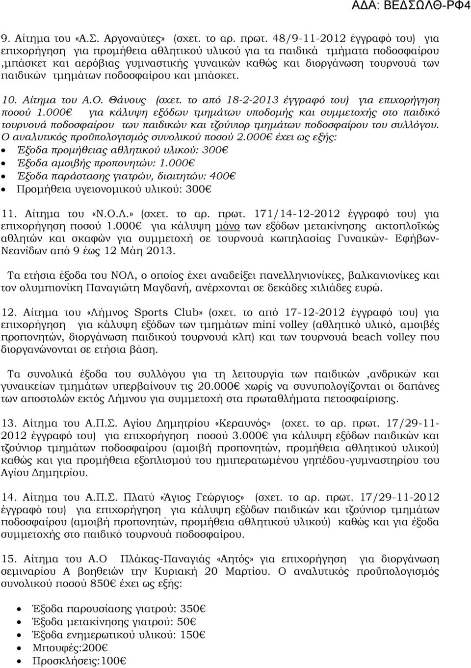 τμημάτων ποδοσφαίρου και μπάσκετ. 10. Αίτημα του Α.Ο. Θάνους (σχετ. το από 18-2-2013 έγγραφό του) για επιχορήγηση ποσού 1.