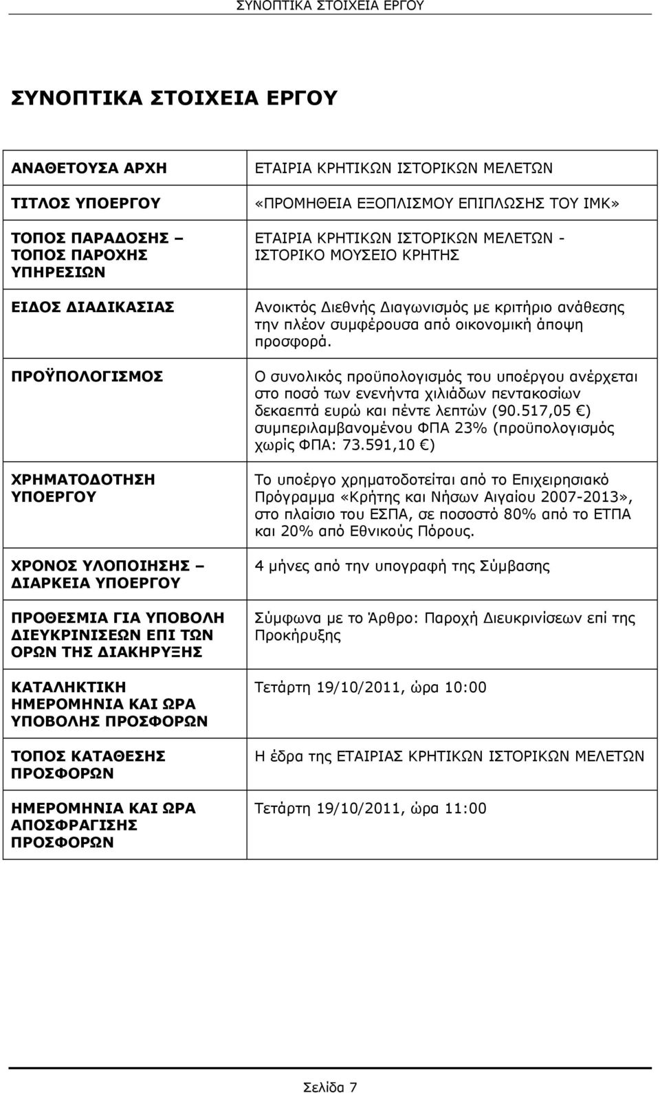 ΕΤΑΙΡΙΑ ΚΡΗΤΙΚΩΝ ΙΣΤΟΡΙΚΩΝ ΜΕΛΕΤΩΝ «ΠΡΟΜΗΘΕΙΑ ΕΞΟΠΛΙΣΜΟΥ ΕΠΙΠΛΩΣΗΣ ΤΟΥ ΙΜΚ» ΕΤΑΙΡΙΑ ΚΡΗΤΙΚΩΝ ΙΣΤΟΡΙΚΩΝ ΜΕΛΕΤΩΝ - ΙΣΤΟΡΙΚΟ ΜΟΥΣΕΙΟ ΚΡΗΤΗΣ Ανοικτός Διεθνής Διαγωνισμός με κριτήριο ανάθεσης την πλέον