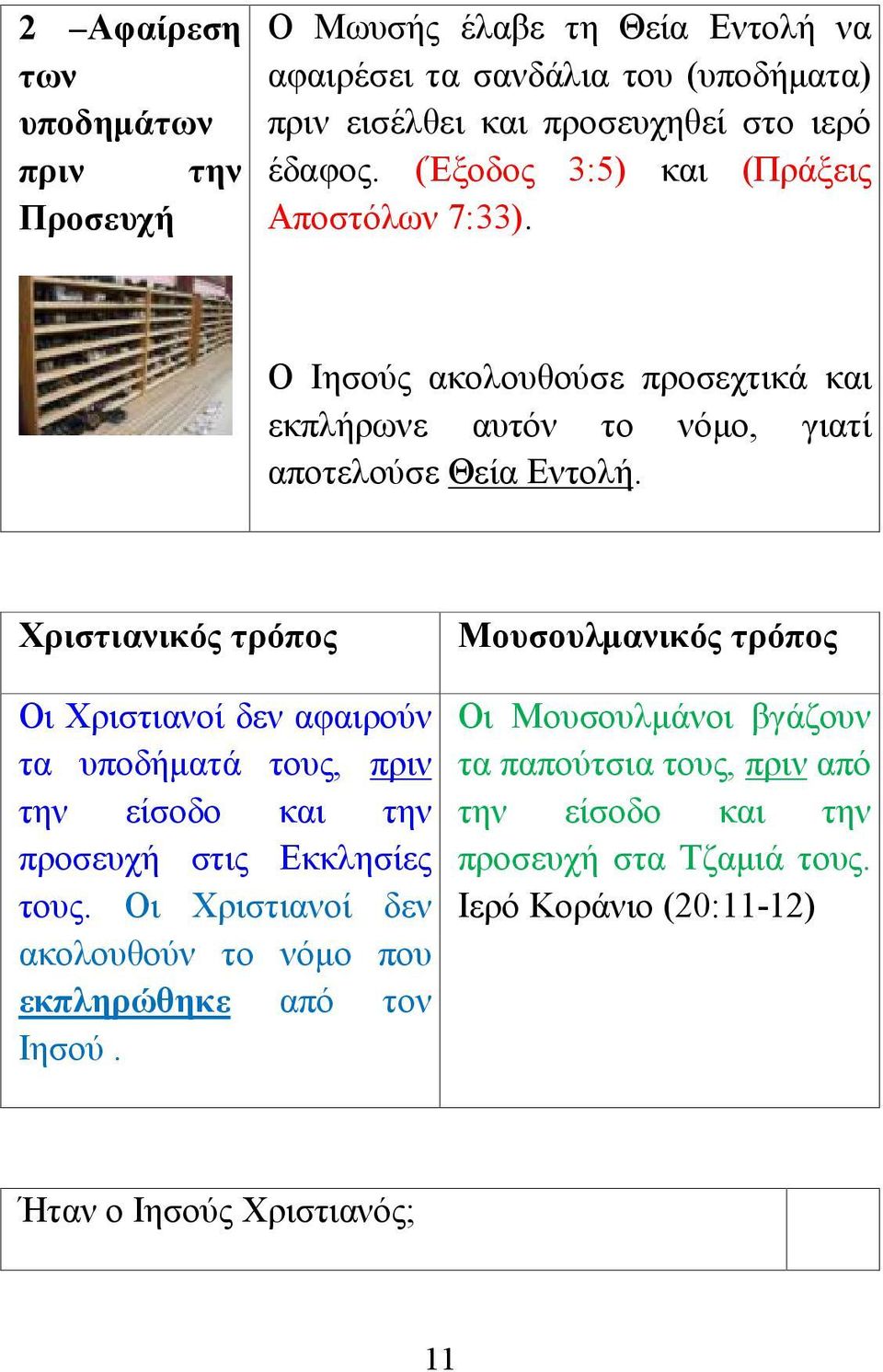 Χριστιανικός τρόπος Μουσουλμανικός τρόπος Οι Χριστιανοί δεν αφαιρούν τα υποδήματά τους, πριν την είσοδο και την προσευχή στις Εκκλησίες τους.