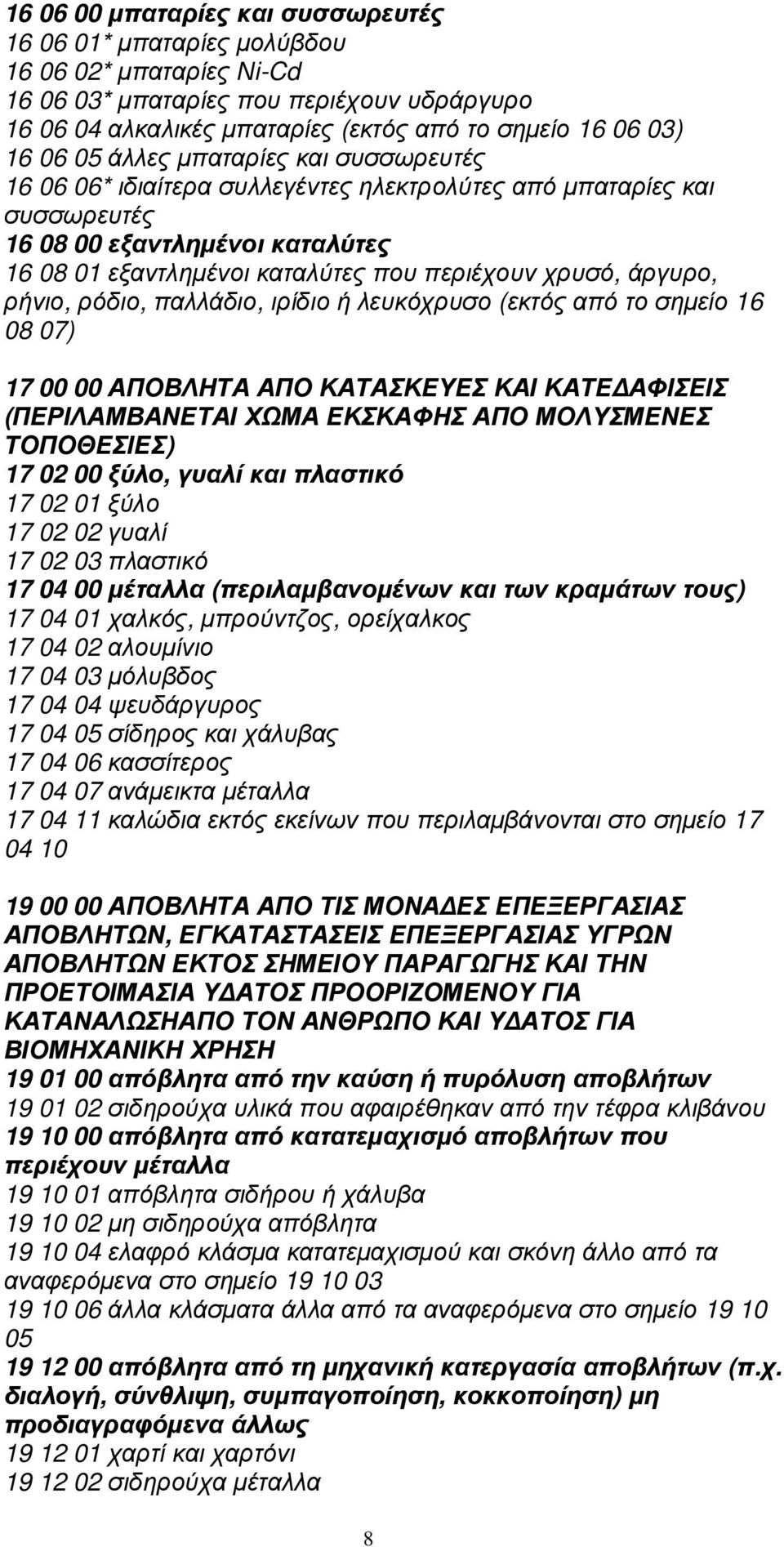 άργυρο, ρήνιο, ρόδιο, παλλάδιο, ιρίδιο ή λευκόχρυσο (εκτός από το σηµείο 16 08 07) 17 00 00 ΑΠΟΒΛΗΤΑ ΑΠΟ ΚΑΤΑΣΚΕΥΕΣ ΚΑΙ ΚΑΤΕ ΑΦΙΣΕΙΣ (ΠΕΡΙΛΑΜΒΑΝΕΤΑΙ ΧΩΜΑ ΕΚΣΚΑΦΗΣ ΑΠΟ ΜΟΛΥΣΜΕΝΕΣ ΤΟΠΟΘΕΣΙΕΣ) 17 02 00