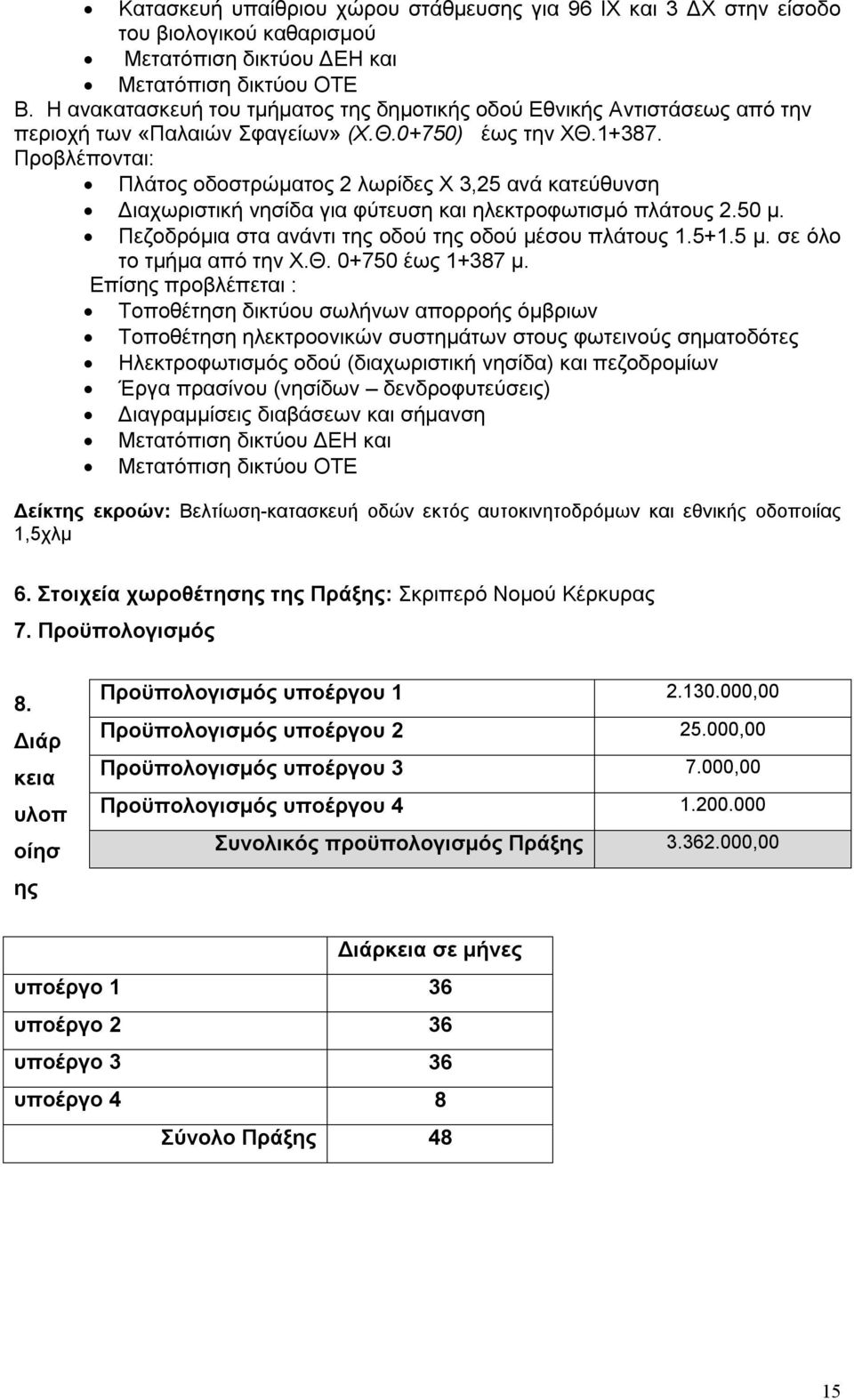 Προβλέπονται: Πλάτος οδοστρώματος 2 λωρίδες Χ 3,25 ανά κατεύθυνση Διαχωριστική νησίδα για φύτευση και ηλεκτροφωτισμό πλάτους 2.50 μ. Πεζοδρόμια στα ανάντι της οδού της οδού μέσου πλάτους 1.5+1.5 μ.