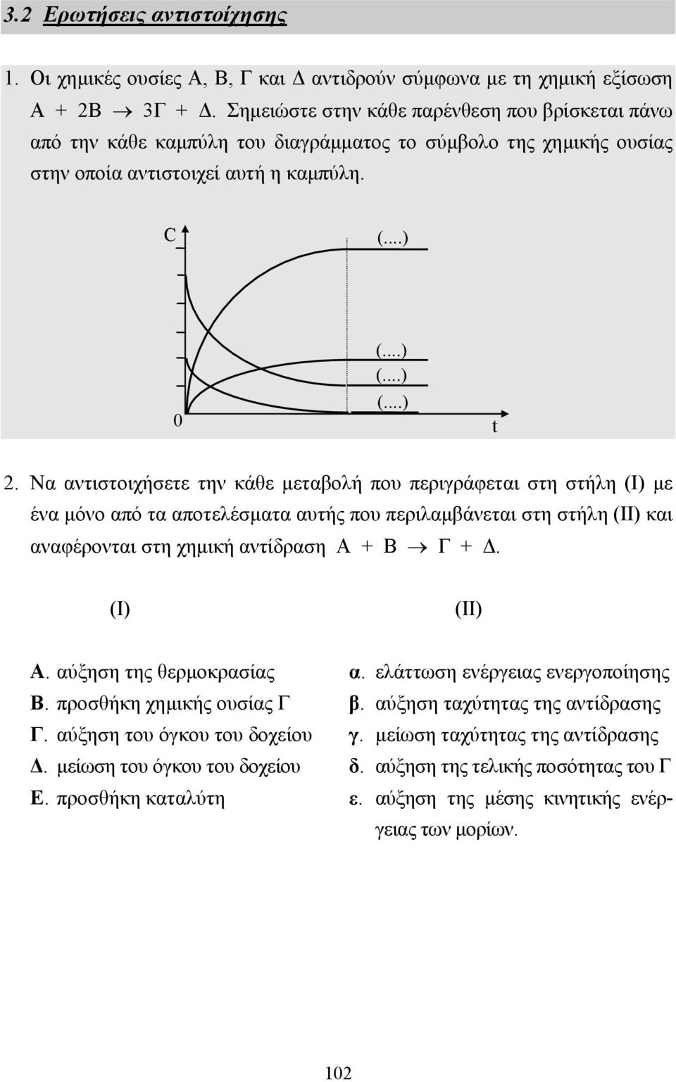 Να αντιστοιχήσετε την κάθε µεταβολή που περιγράφεται στη στήλη (I) µε ένα µόνο από τα αποτελέσµατα αυτής που περιλαµβάνεται στη στήλη (II) και αναφέρονται στη χηµική αντίδραση Α + Β Γ +. (I) (II) Α.