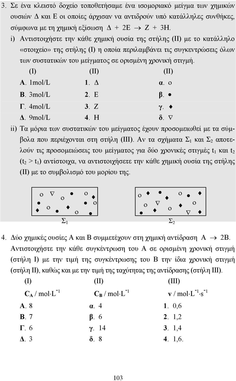 (I) (II) (II) Α. 1mol/L 1. α. ο Β. 3mol/L 2. Ε β. Γ. 4mol/L 3. Ζ γ.. 9mol/L 4. Η δ. ii) Τα µόρια των συστατικών του µείγµατος έχουν προσοµειωθεί µε τα σύµβολα που περιέχονται στη στήλη (III).