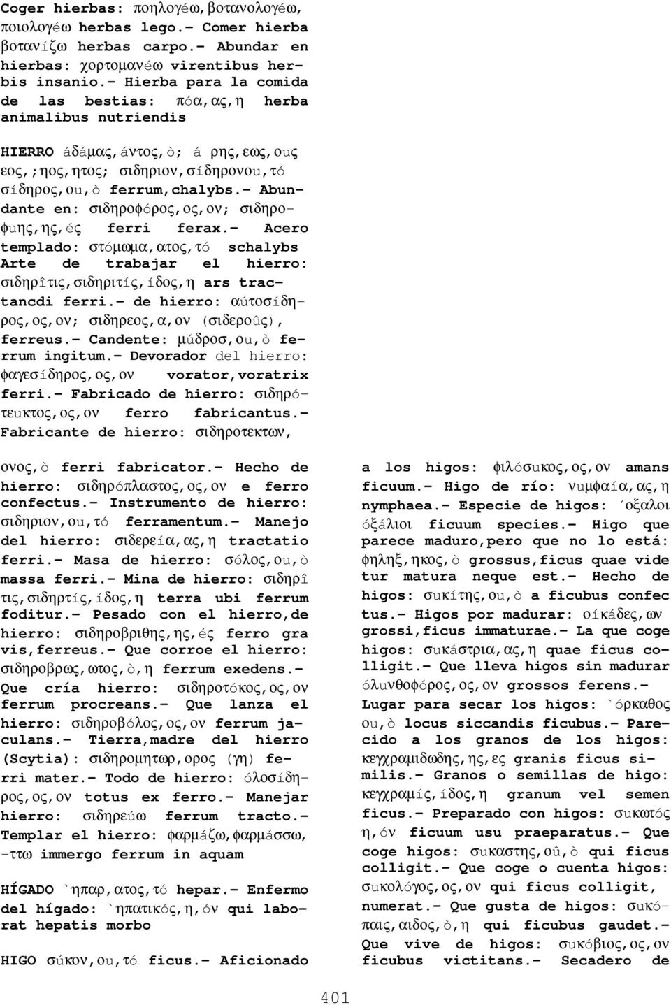 - Abundante en: σιδηροφóρος,ος,ον; σιδηροφuης,ης,éς ferri ferax.- Acero templado: στóµωµα,ατος,τó schalybs Arte de trabajar el hierro: σιδηρîτις,σιδηριτíς,íδος,η ars tractancdi ferri.