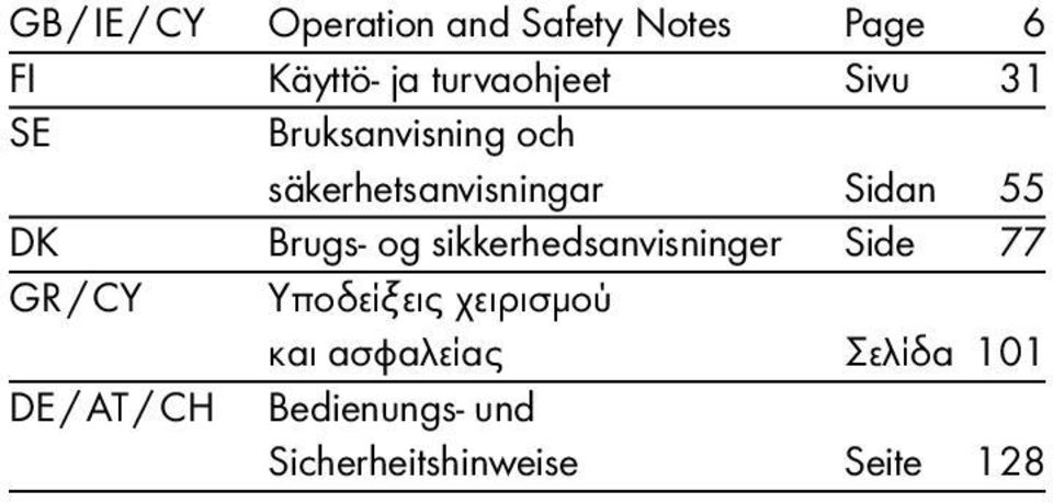 og sikkerhedsanvisninger Side 77 GR / CY Υποδείξεις χειρισμού και