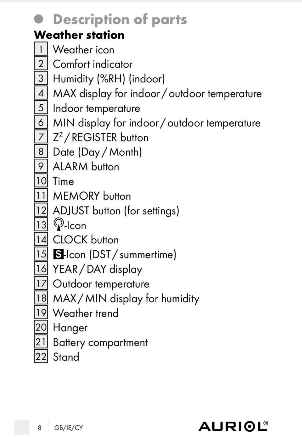 button 10 Time 11 MEMORY button 12 ADJUST button (for settings) 13 -Icon 14 CLOCK button 15 s -Icon (DST / summertime) 16 YEAR / DAY