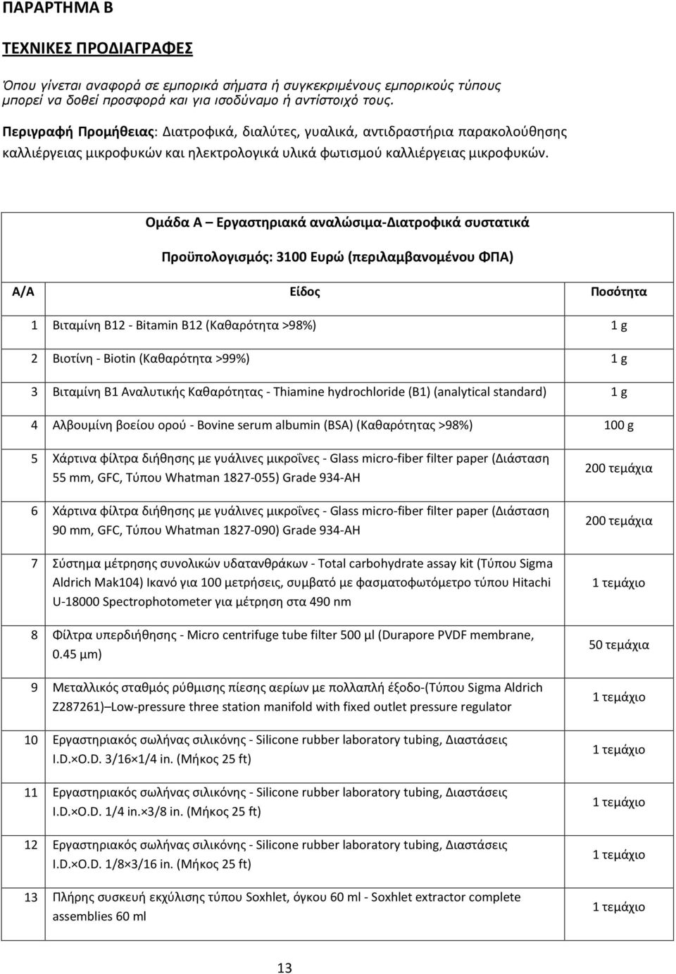 Ομάδα Α Εργαστηριακά αναλώσιμα-διατροφικά συστατικά Προϋπολογισμός: 3100 Ευρώ (περιλαμβανομένου ΦΠΑ) A/A Είδος Ποσότητα 1 Βιταμίνη Β12 - Bitamin B12 (Καθαρότητα >98%) 1 g 2 Βιοτίνη - Biotin