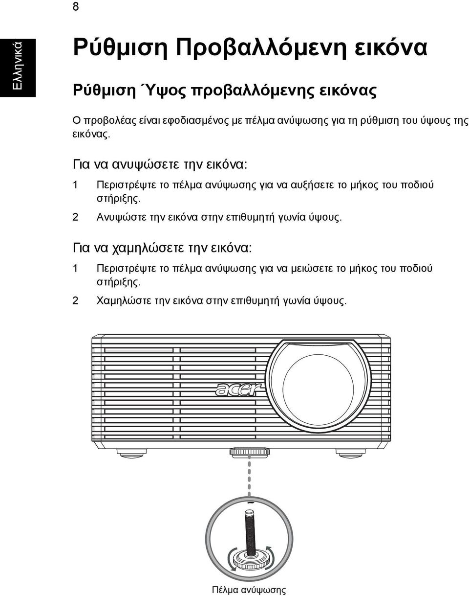 Για να ανυψώσετε την εικόνα: 1 Περιστρέψτε το πέλµα ανύψωσης για να αυξήσετε το µήκος του ποδιού στήριξης.