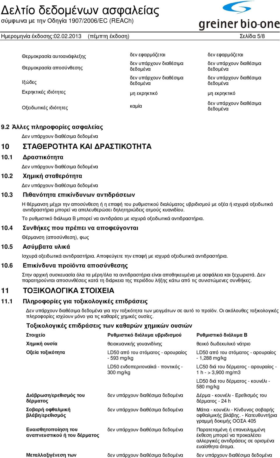 9.2 Άλλες πληροφορίες ασφαλείας εν υπάρχουν διαθέσιµα 10 ΣΤΑΘΕΡΟΤΗΤΑ ΚΑΙ ΡΑΣΤΙΚΟΤΗΤΑ 10.1 ραστικότητα εν υπάρχουν διαθέσιµα 10.2 Χηµική σταθερότητα εν υπάρχουν διαθέσιµα 10.