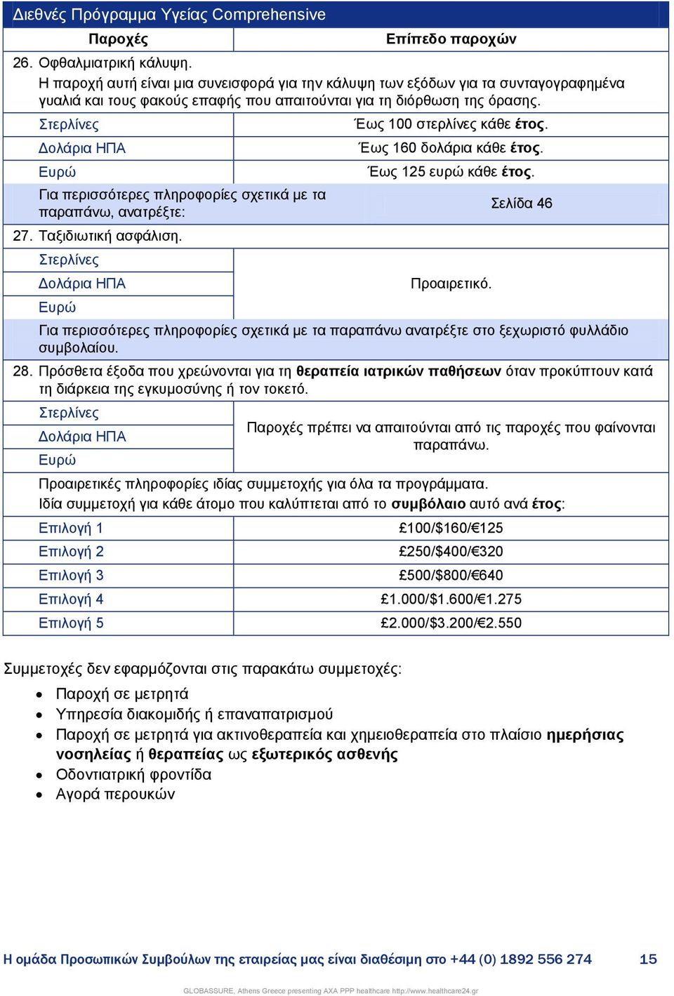 ηεξιίλεο Γνιάξηα ΗΠΑ Δπξψ Γηα πεξηζζφηεξεο πιεξνθνξίεο ζρεηηθά κε ηα παξαπάλσ, αλαηξέμηε: 27. Σαμηδησηηθή αζθάιηζε. ηεξιίλεο Γνιάξηα ΗΠΑ Δπξψ Έσο 100 ζηεξιίλεο θάζε έηνο. Έσο 160 δνιάξηα θάζε έηνο.