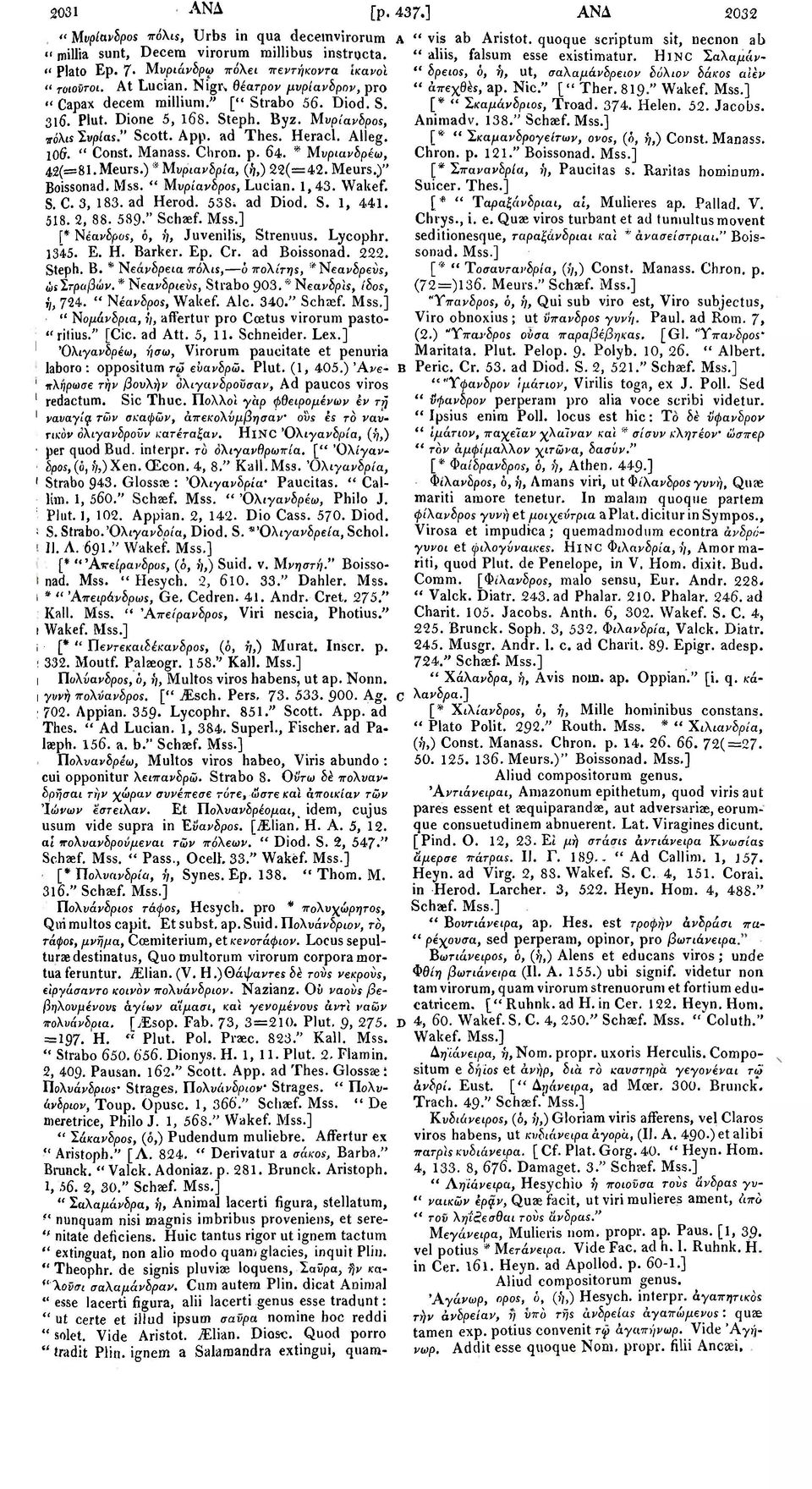 Nigr, θέατρον μυρίανδρον, pro " άπ εχθές, ap. Nic." [" Ther. 819" Wakef. " Capax decern millium." ["Strabo 56. Diod. S. 316. Plut. Dione 5, l6s. Steph. Byz. Μυρίανδρος, πόλις Συρίας" Scott. App.