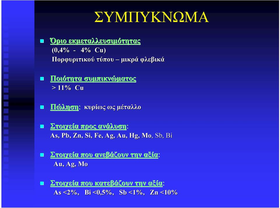 ανάλυση: As, Pb, Zn, Si, Fe, Ag, Au, Hg, Mo,, Sb, Bi Στοιχεία που ανεβάζουν την