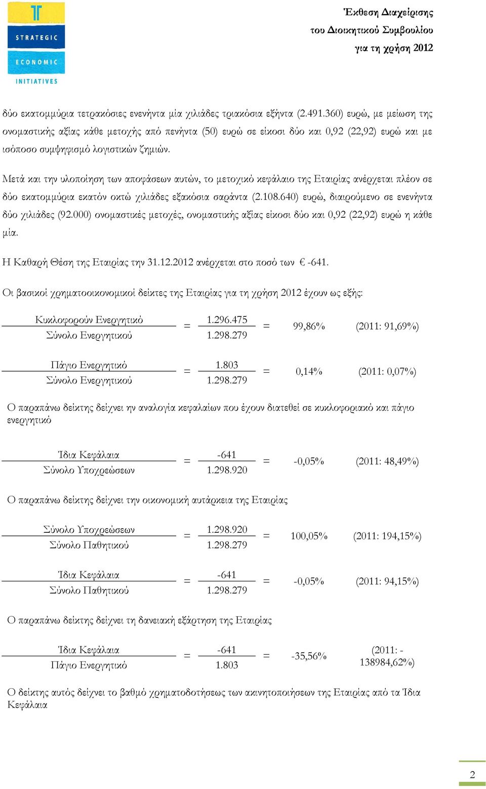 Μετά και την υλοποίηση των αποφάσεων αυτών, το µετοχικό κεφάλαιο της Εταιρίας ανέρχεται πλέον σε δύο εκατοµµύρια εκατόν οκτώ χιλιάδες εξακόσια σαράντα (2.108.