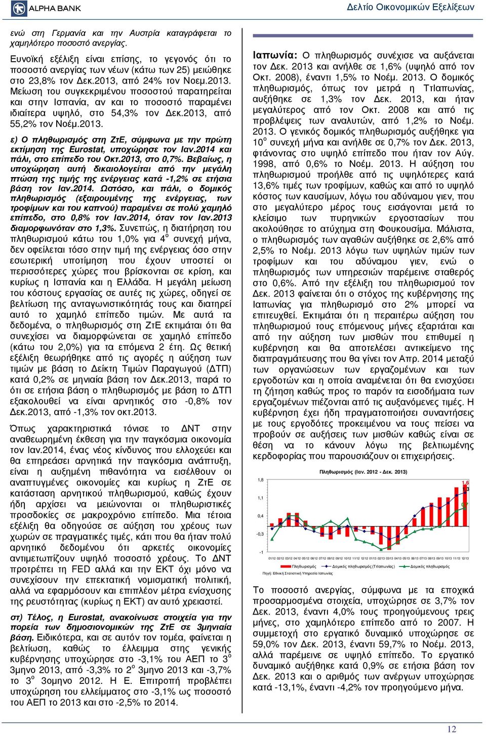 2014 και πάλι, στο επίπεδο του Οκτ.2013, στο 0,7%. Βεβαίως, η υποχώρηση αυτή δικαιολογείται από την µεγάλη πτώση της τιµής της ενέργειας κατά -1,2% σε ετήσια βάση τον Ιαν.2014. Ωστόσο, και πάλι, ο δοµικός πληθωρισµός (εξαιρουµένης της ενέργειας, των τροφίµων και του καπνού) παραµένει σε πολύ χαµηλό επίπεδο, στο 0,8% τον Ιαν.