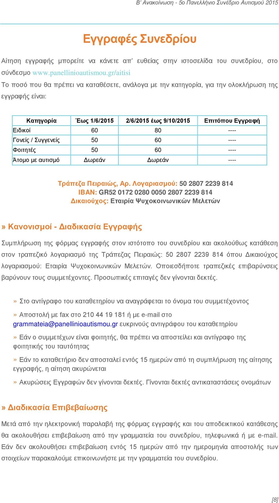 Γονείς / Συγγενείς 50 60 ---- Φοιτητές 50 60 ---- Άτομο με αυτισμό Δωρεάν Δωρεάν ---- Τράπεζα Πειραιώς, Αρ.