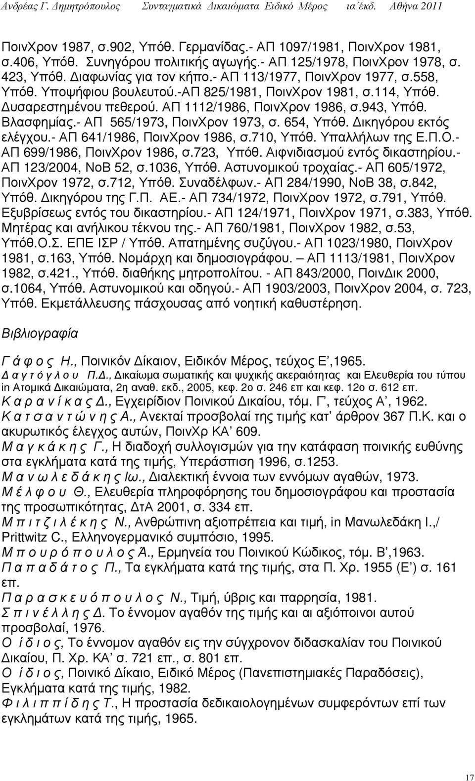 ΑΠ 1112/1986, ΠοινΧρον 1986, σ.943, Υπόθ. Βλασφηµίας.- ΑΠ 565/1973, ΠοινΧρον 1973, σ. 654, Υπόθ. ικηγόρου εκτός ελέγχου.- ΑΠ 641/1986, ΠοινΧρον 1986, σ.710, Υπόθ. Υπαλλήλων της Ε.Π.Ο.