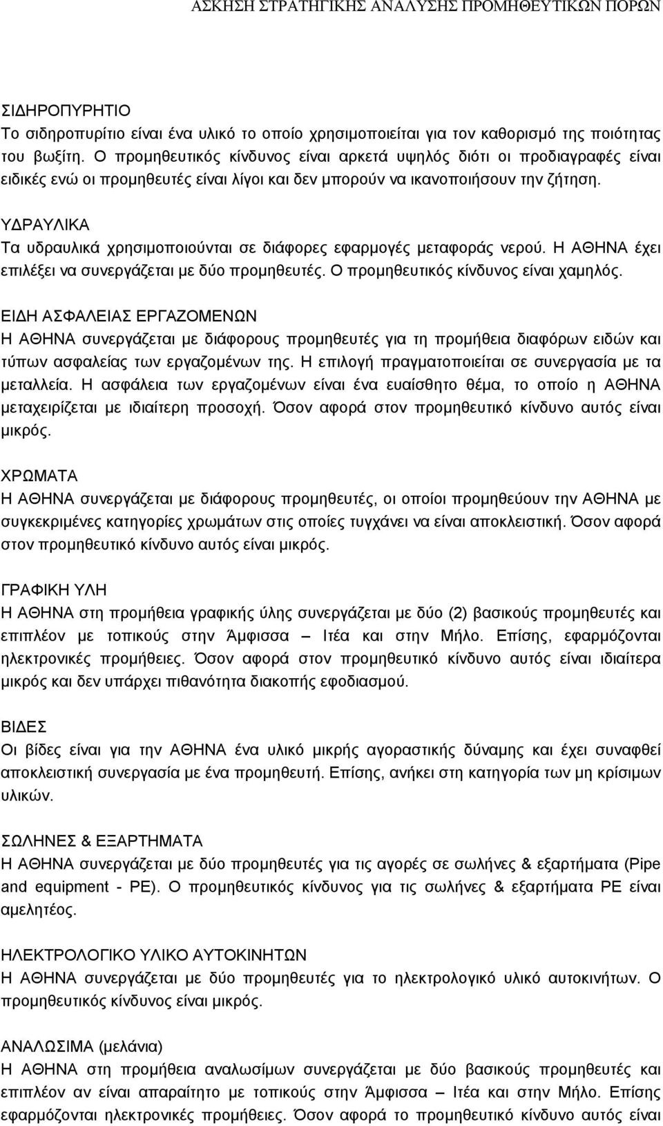 Y ΡΑΥΛΙΚΑ Τα υδραυλικά χρησιµοποιούνται σε διάφορες εφαρµογές µεταφοράς νερού. Η ΑΘΗΝΑ έχει επιλέξει να συνεργάζεται µε δύο προµηθευτές. Ο προµηθευτικός κίνδυνος είναι χαµηλός.