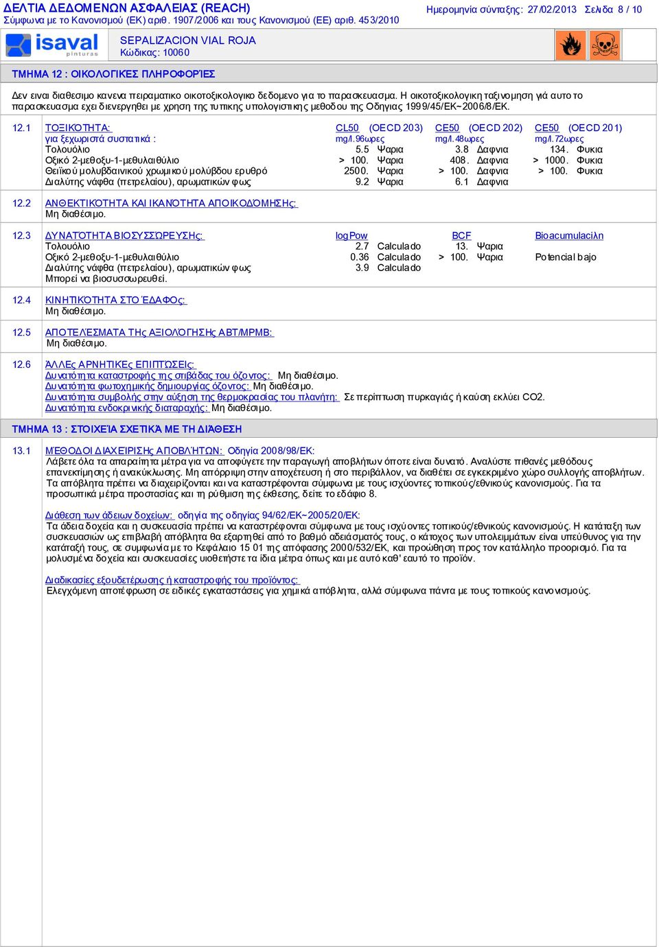 1 ΤΟΞΙΚΌΤΗΤΑ: για ξεχωριστά συστατικά : CL50 (OECD 203) CE50 (OECD 202) CE50 (OECD 201) mg/l.96ωρες mg/l.48ωρες mg/l.72ωρες Τoλoυόλιo 5.5 Ψαρια 3.8 Δαφνια 134.