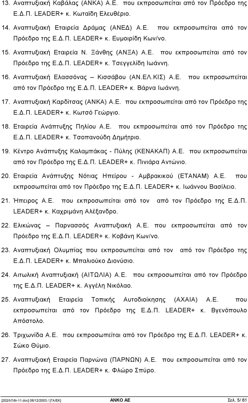 17. Αναπτυξιακή Καρδίτσας (ΑΝΚΑ) Α.Ε. που εκπροσωπείται από τον Πρόεδρο της Ε..Π. LEADER+ κ. Κωτσό Γεώργιο. 18. Εταιρεία Ανάπτυξης Πηλίου Α.Ε. που εκπροσωπείται από τον Πρόεδρο της Ε..Π. LEADER+ κ. Τσοπανούδη ηµήτριο.