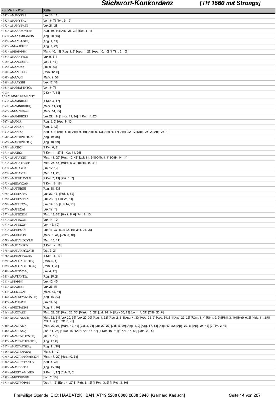 5, 15] <355> ΑΝΑΛΩΣΑΙ [Luk 9, 54] <356> ΑΝΑΛΟΓΙΑΝ [Röm. 12, 6] <358> ΑΝΑΛΟΝ [Mark. 9, 50] <360> ΑΝΑΛΥΣΕΙ [Luk 12, 36] <361> ΑΝΑΜΑΡΤΗΤΟς [Joh. 8, 7] <363> ΑΝΑΜΙΜΝΗΣΚΟΜΕΝΟΥ [2 Kor.