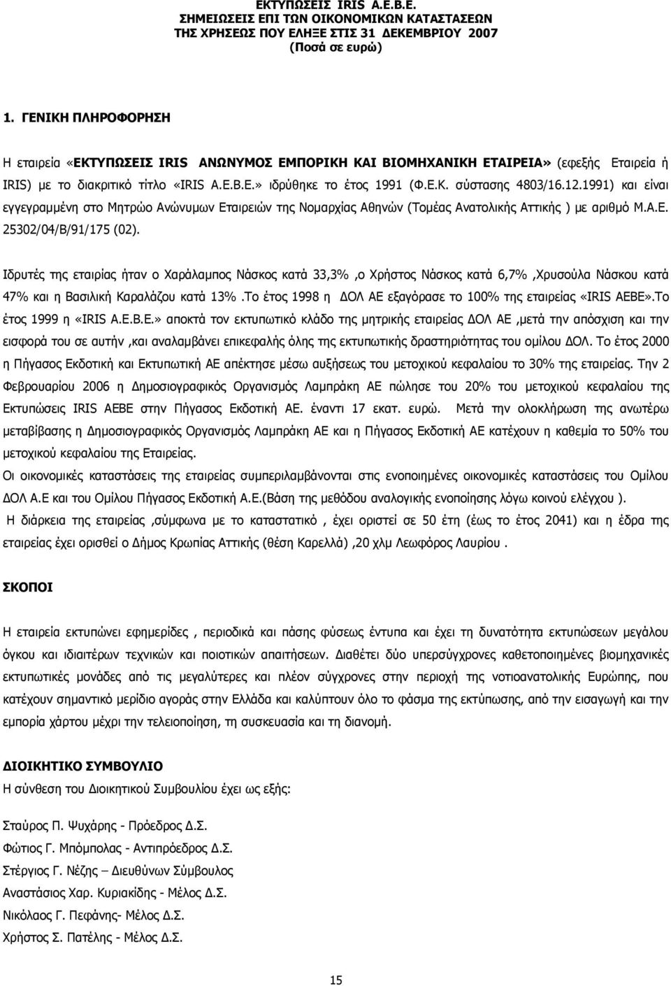 Ιδρυτές της εταιρίας ήταν ο Χαράλαµπος Νάσκος κατά 33,3%,ο Χρήστος Νάσκος κατά 6,7%,Χρυσούλα Νάσκου κατά 47% και η Βασιλική Καραλάζου κατά 13%.