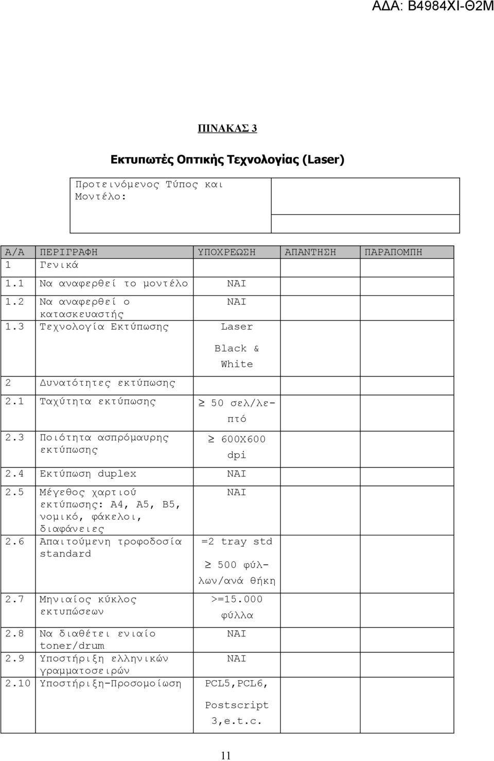 600Χ600 dpi 24 Εκτύπωση duplex 25 Μέγεθος χαρτιού εκτύπωσης: Α4, Α5, Β5, νομικό, φάκελοι, διαφάνειες 26 Απαιτούμενη τροφοδοσία standard 27 Μηνιαίος κύκλος εκτυπώσεων =2