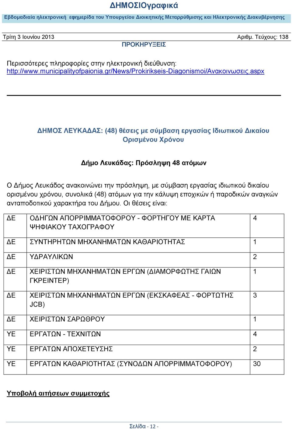 δικαίου ορισμένου χρόνου, συνολικά (48) ατόμων για την κάλυψη εποχικών ή παροδικών αναγκών ανταποδοτικού χαρακτήρα του Δήμου.