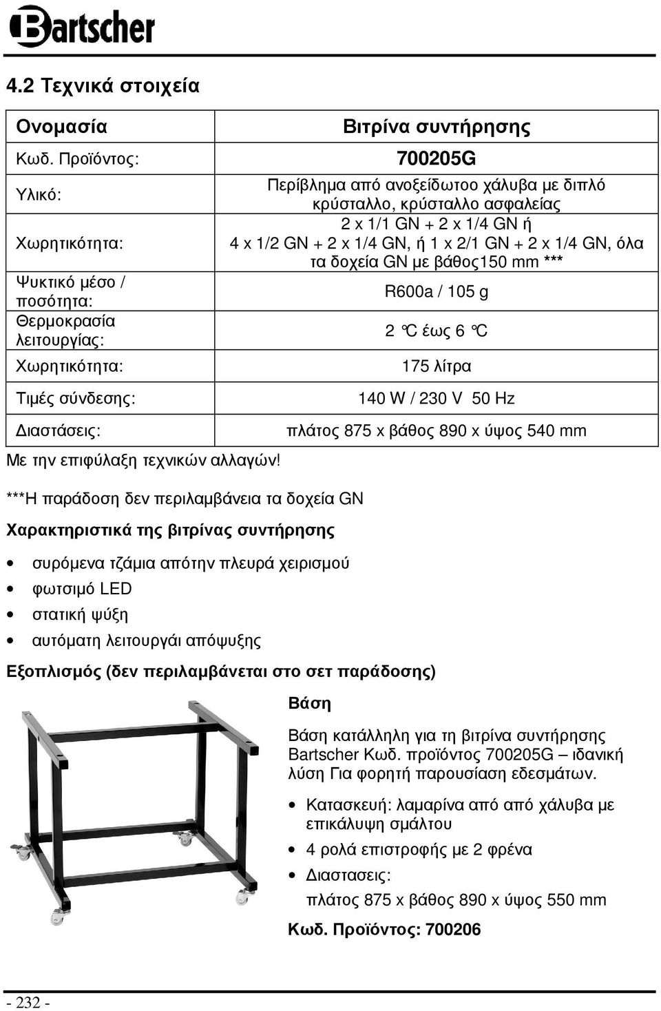 700205G Περίβληµα από ανοξείδωτοο χάλυβα µε διπλό κρύσταλλο, κρύσταλλο ασφαλείας 2 x 1/1 GN + 2 x 1/4 GN ή 4 x 1/2 GN + 2 x 1/4 GN, ή 1 x 2/1 GN + 2 x 1/4 GN, όλα τα δοχεία GN µε βάθος150 mm ***