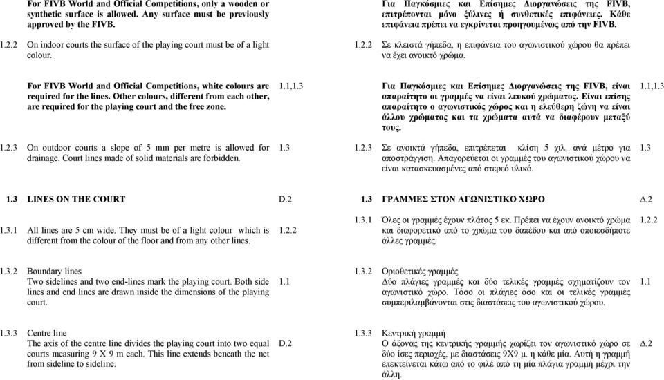2 On indoor courts the surface of the playing court must be of a light colour. 1.2.2 Σε κλειστά γήπεδα, η επιφάνεια του αγωνιστικού χώρου θα πρέπει να έχει ανοικτό χρώµα.