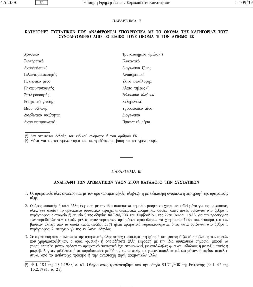 άµυλο ( 1 ) Γλυκαντικό ιογκωτικό ζύµης Αντιαφριστικό Υλικό επικάλυψης Άλατα τήξεως ( 2 ) Βελτιωτικό αλεύρων Σκληρυντικό Υγροσκοπικό µέσο ιογκωτικό Προωστικό αέριο ( 1 ) εν απαιτείται ένδειξη του