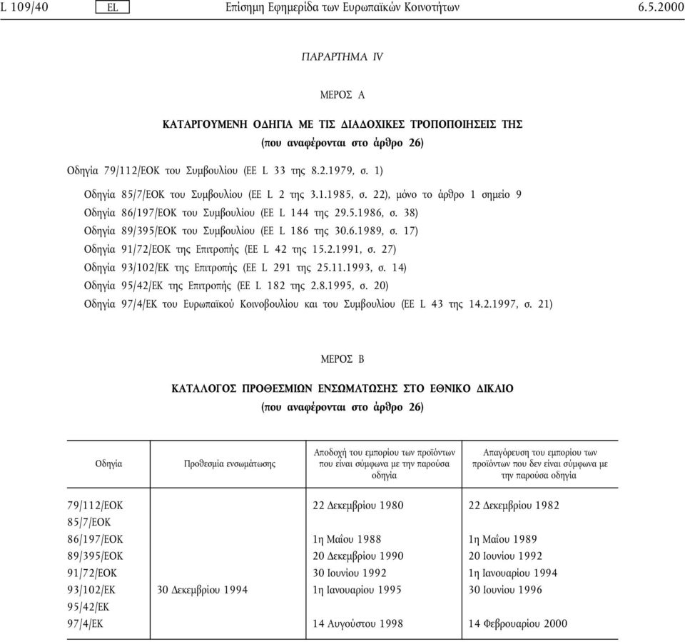 1) Οδηγία 85/7/ΕΟΚ του Συµβουλίου (ΕΕ L 2 της 3.1.1985, σ. 22), µόνο το άρθρο 1 σηµείο 9 Οδηγία 86/197/ΕΟΚ του Συµβουλίου (ΕΕ L 144 της 29.5.1986, σ.