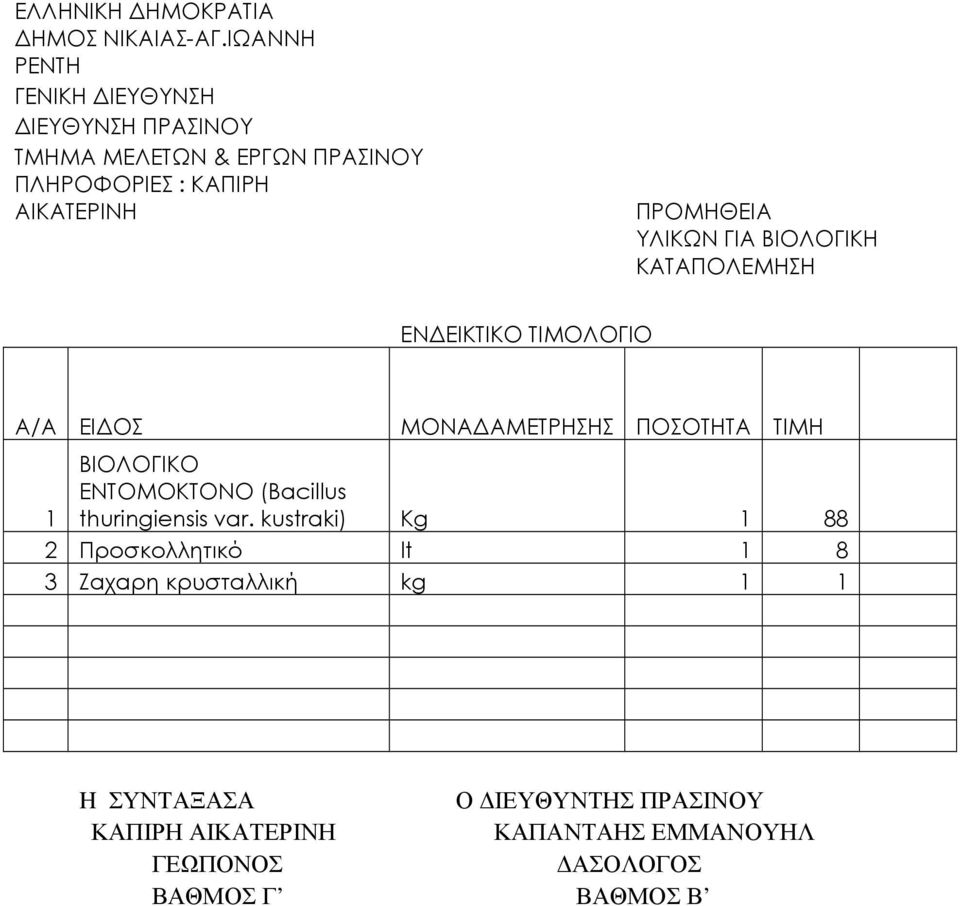 ΓΙΑ ΒΙΟΛΟΓΙΚΗ ΚΑΤΑΠΟΛΕΜΗΣΗ ΕΝ ΕΙΚΤΙΚΟ ΤΙΜΟΛΟΓΙΟ Α/Α ΕΙ ΟΣ ΜΟΝΑ ΑΜΕΤΡΗΣΗΣ ΠΟΣΟΤΗΤΑ ΤΙΜΗ 1 ΒΙΟΛΟΓΙΚΟ ΕΝΤΟΜΟΚΤΟΝΟ