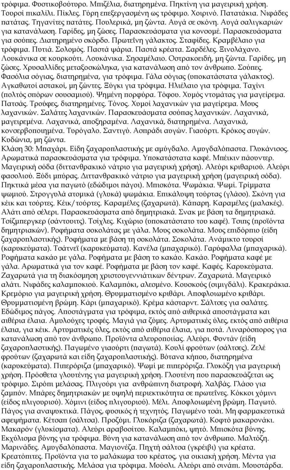 Κραμβέλαιο για τρόφιμα. Πυτιά. Σολομός. Παστά ψάρια. Παστά κρέατα. Σαρδέλες. Ξινολάχανο. Λουκάνικα σε κουρκούτι. Λουκάνικα. Σησαμέλαιο. Οστρακοειδή, μη ζώντα. Γαρίδες, μη ζώσες.