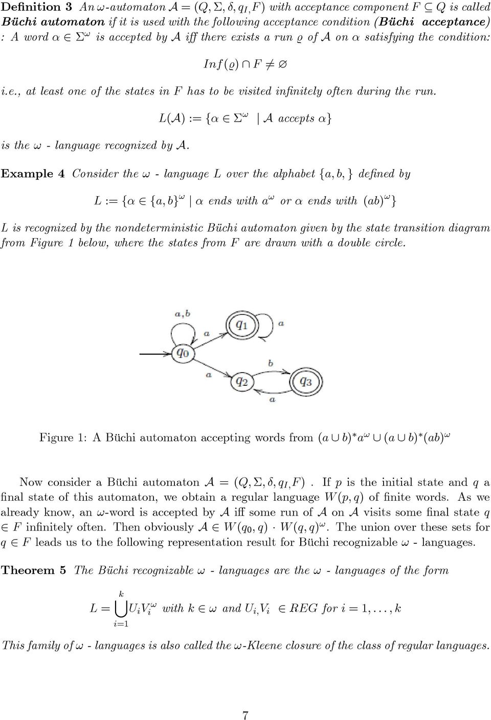 j A accepts g is the! - language recognized by A. Example 4 Consider the! - language L over the alphabet fa; b; g de ned by L := f 2 fa; bg! j ends with a! or ends with (ab)!