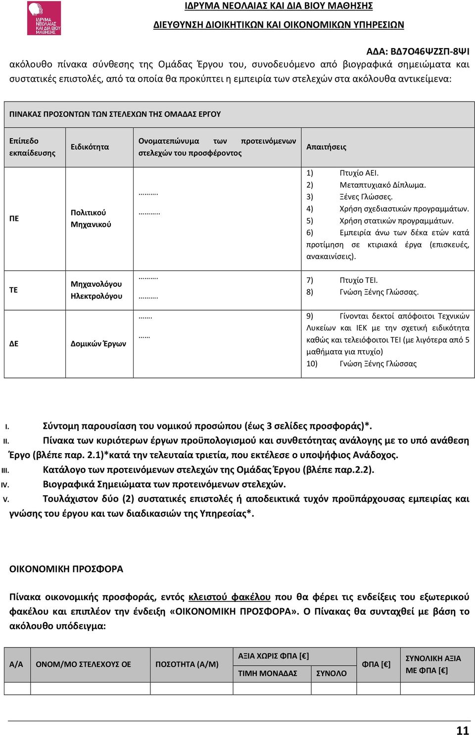 2) Μεταπτυχιακό Δίπλωμα. 3) Ξένες Γλώσσες. 4) Χρήση σχεδιαστικών προγραμμάτων. 5) Χρήση στατικών προγραμμάτων. 6) Εμπειρία άνω των δέκα ετών κατά προτίμηση σε κτιριακά έργα (επισκευές, ανακαινίσεις).