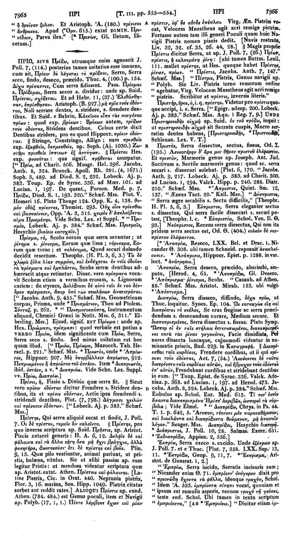 ) p. 154. Δίχα πρίσαντεε, Cum serra fidissent. Pass. Πρίομαι s. Πρίζομαι, Serra secor s. dividor: unde ap. Suid. Πρίεται, σχίζεται. Et ad Hebr. 11, (37 ) Έλιθάσθησαν, έπρίσθησαν. Aristoph. (Β.