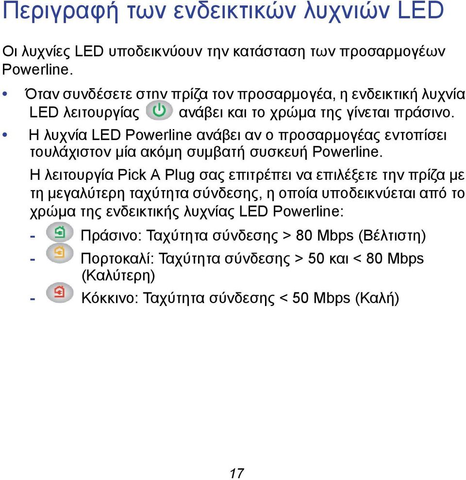 Η λυχνία LED Powerline ανάβει αν ο προσαρμογέας εντοπίσει τουλάχιστον μία ακόμη συμβατή συσκευή Powerline.