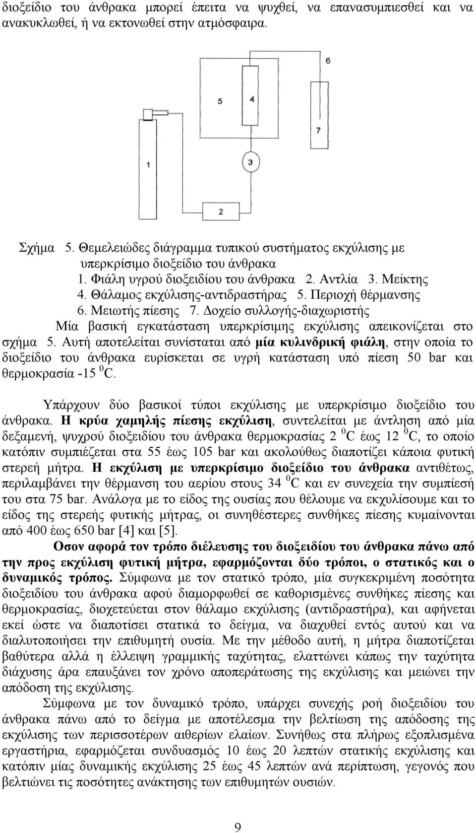 Περιοχή θέρμανσης 6. Μειωτής πίεσης 7. Δοχείο συλλογής-διαχωριστής Μία βασική εγκατάσταση υπερκρίσιμης εκχύλισης απεικονίζεται στο σχήμα 5.