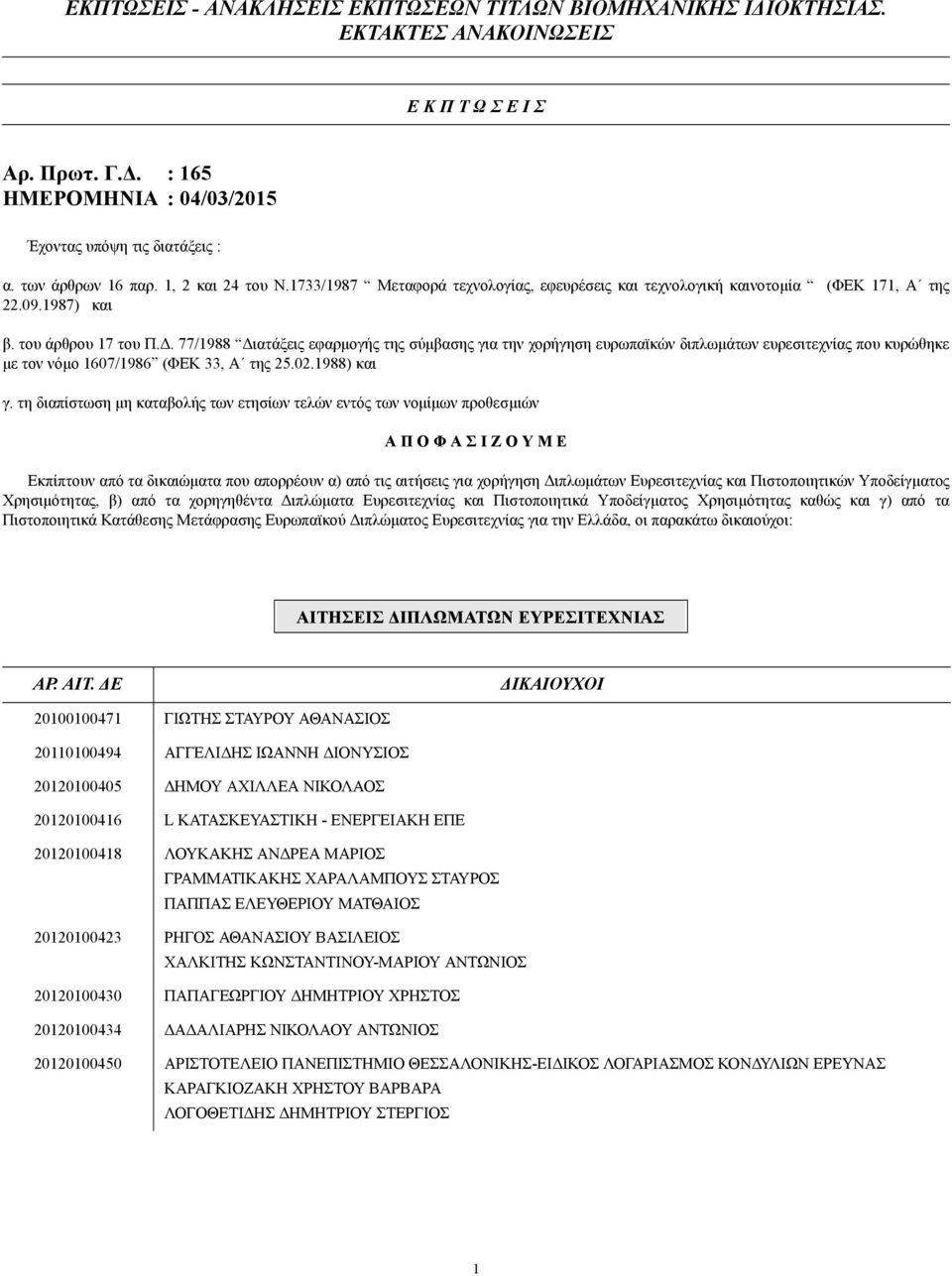 . 77/1988 ιατάξεις εφαρµογής της σύµβασης για την χορήγηση ευρωπαϊκών διπλωµάτων ευρεσιτεχνίας που κυρώθηκε µε τον νόµο 1607/1986 (ΦΕΚ 33, Α της 25.02.1988) και γ.