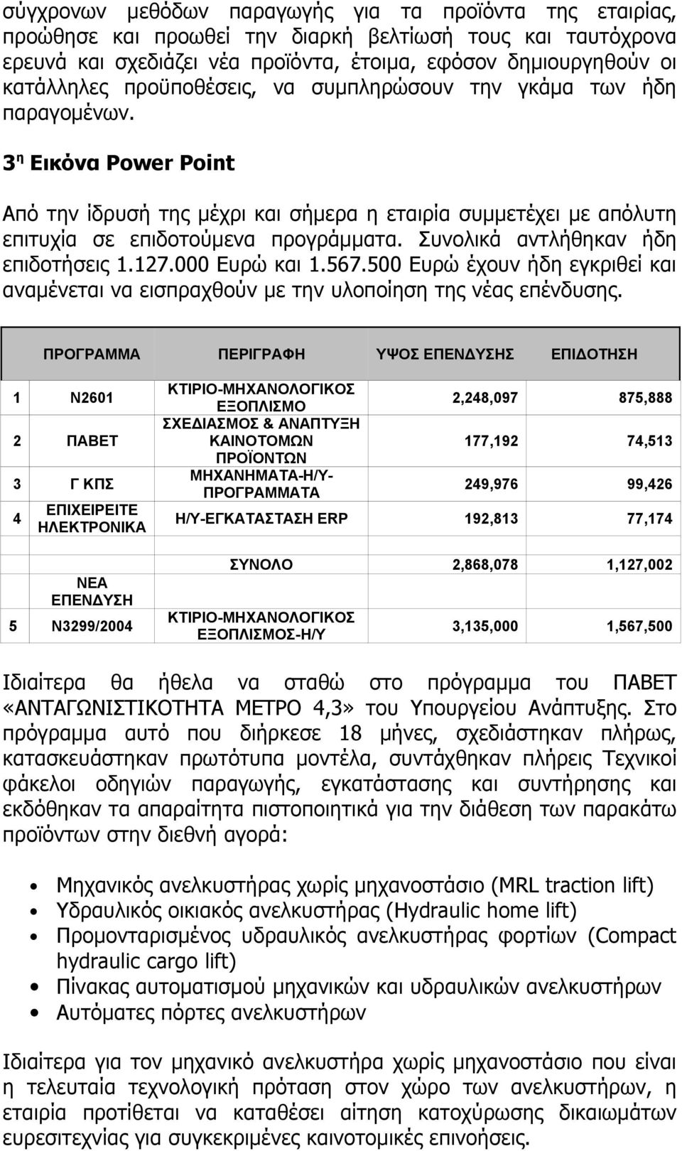 Συνολικά αντλήθηκαν ήδη επιδοτήσεις 1.127.000 Ευρώ και 1.567.500 Ευρώ έχουν ήδη εγκριθεί και αναμένεται να εισπραχθούν με την υλοποίηση της νέας επένδυσης.